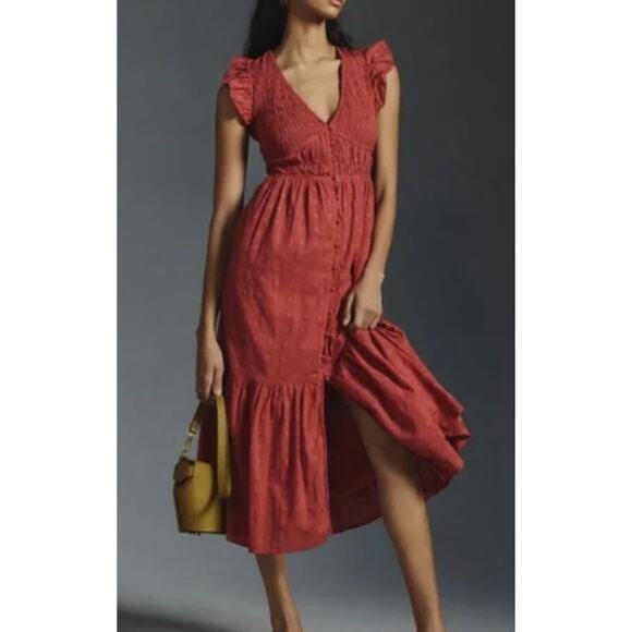 Anthropologie The Peregrine Midi Dress Size XS Petite Smocked Tiered Stretch XSP - Picture 1 of 8